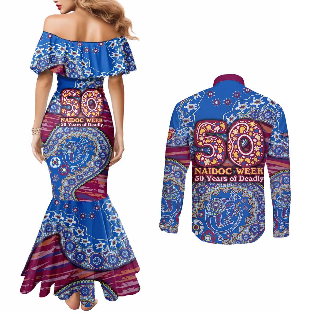 Brisbane Lions NAIDOC Week 2026 Couples Matching Mermaid Dress and Long Sleeve Button Shirt Australian Aboriginal Dot Art Dreamtime Pattern Style