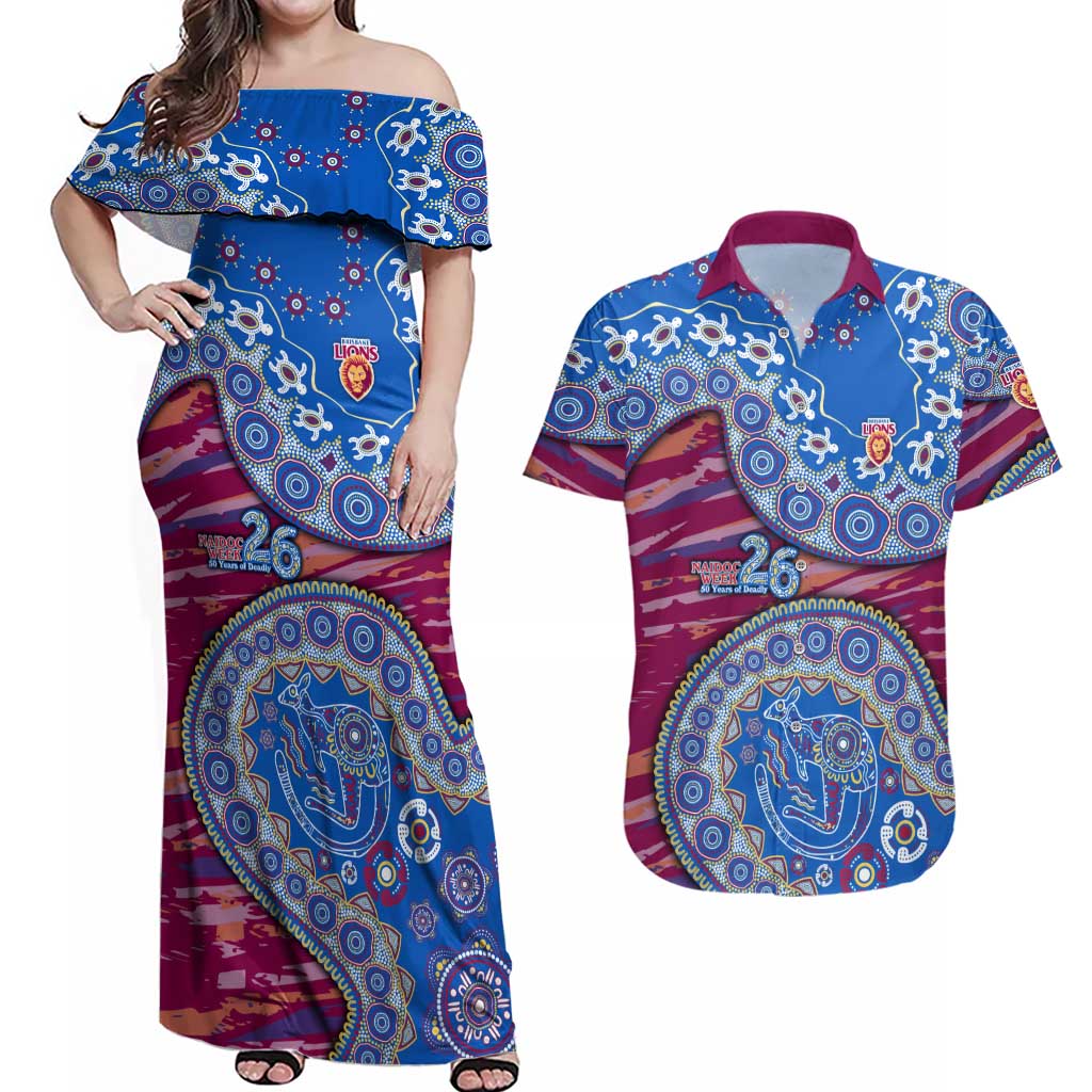 Brisbane Lions NAIDOC Week 2026 Couples Matching Off Shoulder Maxi Dress and Hawaiian Shirt Australian Aboriginal Dot Art Dreamtime Pattern Style