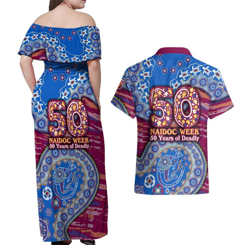 Brisbane Lions NAIDOC Week 2026 Couples Matching Off Shoulder Maxi Dress and Hawaiian Shirt Australian Aboriginal Dot Art Dreamtime Pattern Style
