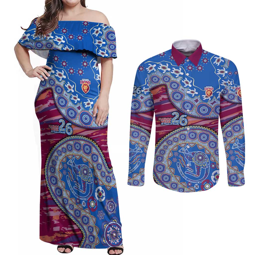 Brisbane Lions NAIDOC Week 2026 Couples Matching Off Shoulder Maxi Dress and Long Sleeve Button Shirt Australian Aboriginal Dot Art Dreamtime Pattern Style