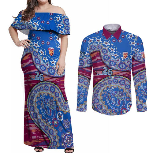 Brisbane Lions NAIDOC Week 2026 Couples Matching Off Shoulder Maxi Dress and Long Sleeve Button Shirt Australian Aboriginal Dot Art Dreamtime Pattern Style