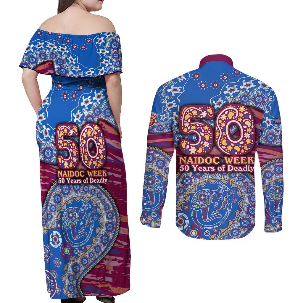 Brisbane Lions NAIDOC Week 2026 Couples Matching Off Shoulder Maxi Dress and Long Sleeve Button Shirt Australian Aboriginal Dot Art Dreamtime Pattern Style