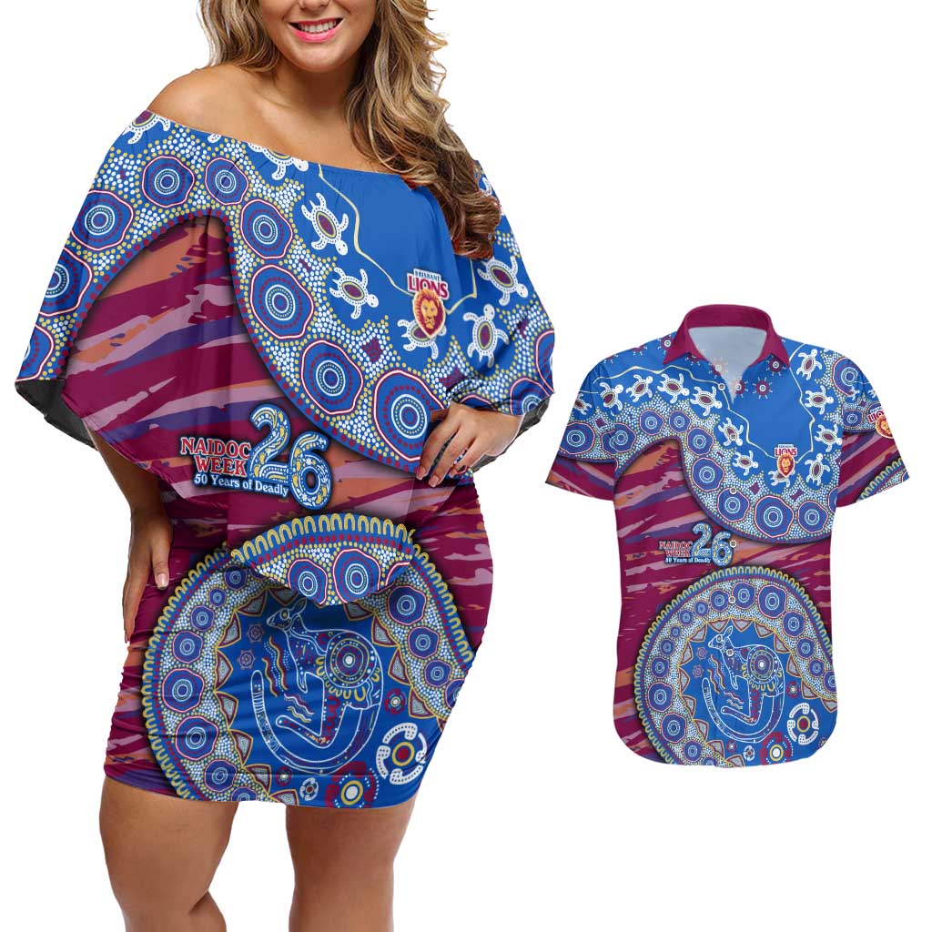Brisbane Lions NAIDOC Week 2026 Couples Matching Off Shoulder Short Dress and Hawaiian Shirt Australian Aboriginal Dot Art Dreamtime Pattern Style