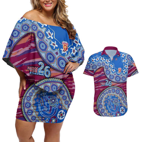 Brisbane Lions NAIDOC Week 2026 Couples Matching Off Shoulder Short Dress and Hawaiian Shirt Australian Aboriginal Dot Art Dreamtime Pattern Style