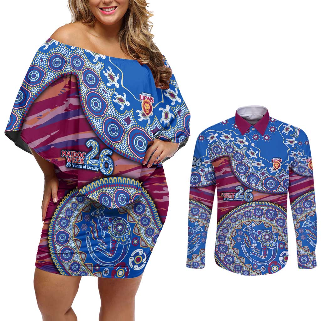 Brisbane Lions NAIDOC Week 2026 Couples Matching Off Shoulder Short Dress and Long Sleeve Button Shirt Australian Aboriginal Dot Art Dreamtime Pattern Style