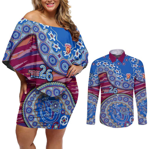 Brisbane Lions NAIDOC Week 2026 Couples Matching Off Shoulder Short Dress and Long Sleeve Button Shirt Australian Aboriginal Dot Art Dreamtime Pattern Style