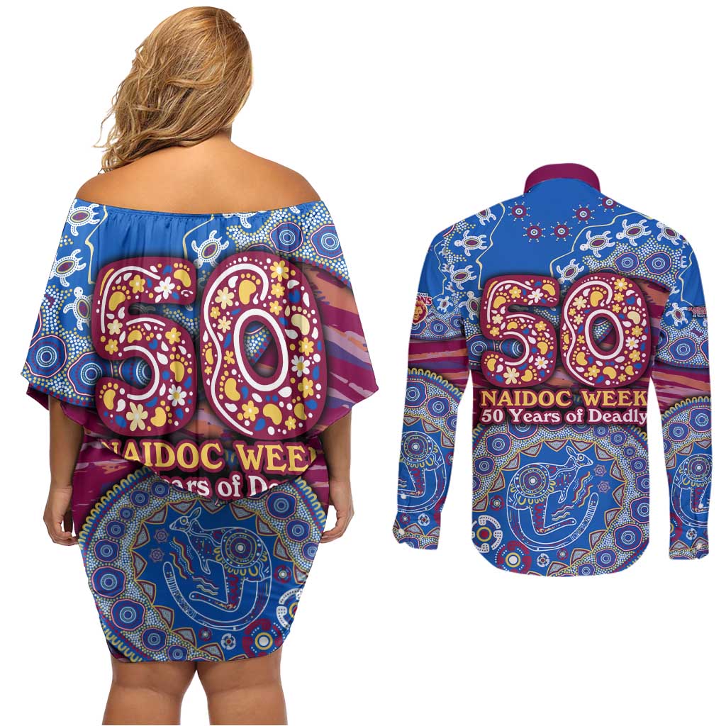 Brisbane Lions NAIDOC Week 2026 Couples Matching Off Shoulder Short Dress and Long Sleeve Button Shirt Australian Aboriginal Dot Art Dreamtime Pattern Style