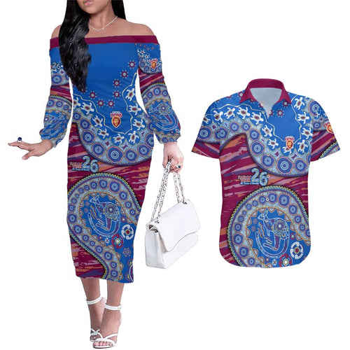 Brisbane Lions NAIDOC Week 2026 Couples Matching Off The Shoulder Long Sleeve Dress and Hawaiian Shirt Australian Aboriginal Dot Art Dreamtime Pattern Style