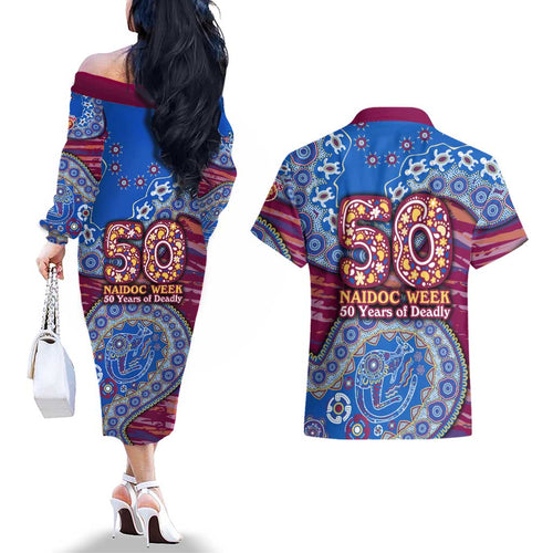 Brisbane Lions NAIDOC Week 2026 Couples Matching Off The Shoulder Long Sleeve Dress and Hawaiian Shirt Australian Aboriginal Dot Art Dreamtime Pattern Style