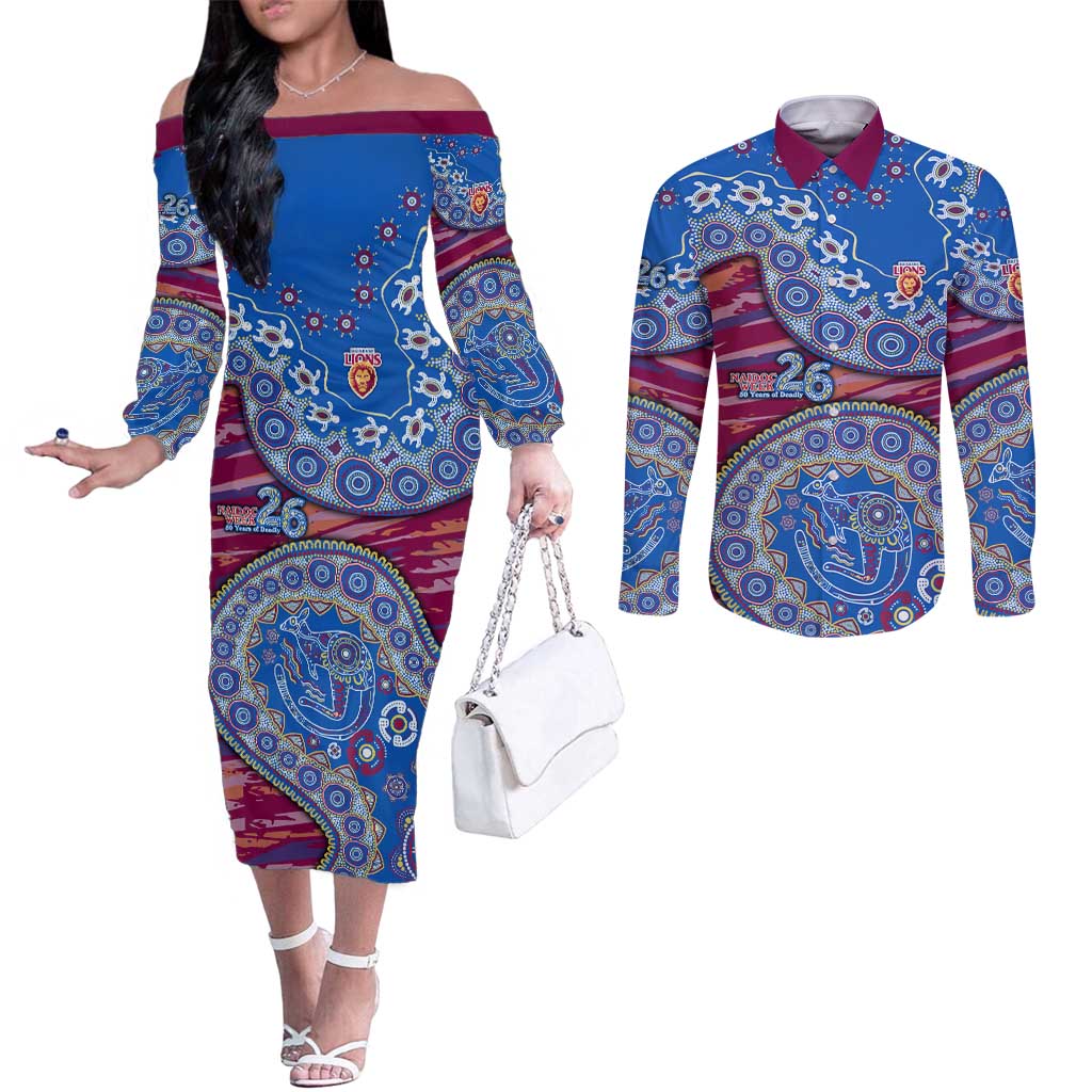 Brisbane Lions NAIDOC Week 2026 Couples Matching Off The Shoulder Long Sleeve Dress and Long Sleeve Button Shirt Australian Aboriginal Dot Art Dreamtime Pattern Style