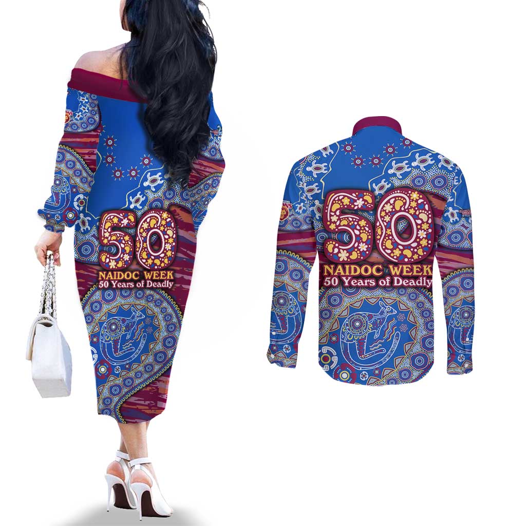 Brisbane Lions NAIDOC Week 2026 Couples Matching Off The Shoulder Long Sleeve Dress and Long Sleeve Button Shirt Australian Aboriginal Dot Art Dreamtime Pattern Style