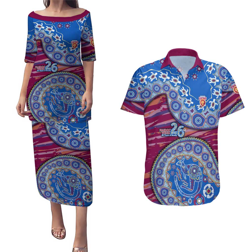 Brisbane Lions NAIDOC Week 2026 Couples Matching Puletasi and Hawaiian Shirt Australian Aboriginal Dot Art Dreamtime Pattern Style