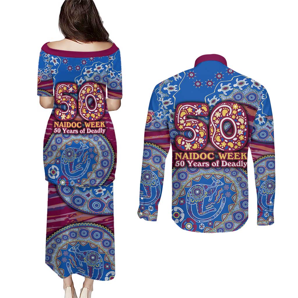 Brisbane Lions NAIDOC Week 2026 Couples Matching Puletasi and Long Sleeve Button Shirt Australian Aboriginal Dot Art Dreamtime Pattern Style