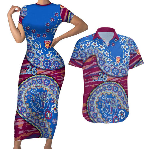 Brisbane Lions NAIDOC Week 2026 Couples Matching Short Sleeve Bodycon Dress and Hawaiian Shirt Australian Aboriginal Dot Art Dreamtime Pattern Style