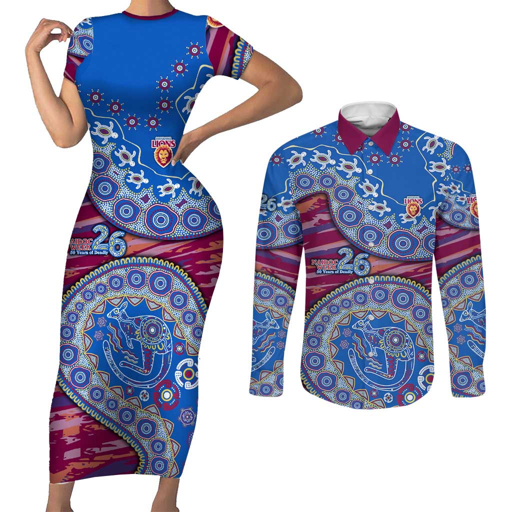 Brisbane Lions NAIDOC Week 2026 Couples Matching Short Sleeve Bodycon Dress and Long Sleeve Button Shirt Australian Aboriginal Dot Art Dreamtime Pattern Style