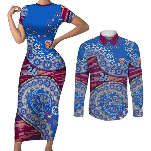 Brisbane Lions NAIDOC Week 2026 Couples Matching Short Sleeve Bodycon Dress and Long Sleeve Button Shirt Australian Aboriginal Dot Art Dreamtime Pattern Style