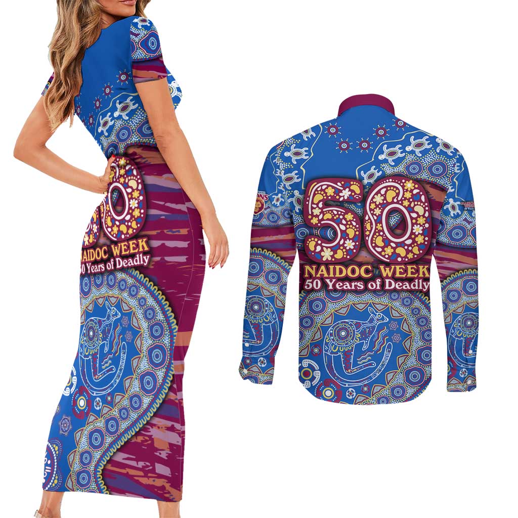 Brisbane Lions NAIDOC Week 2026 Couples Matching Short Sleeve Bodycon Dress and Long Sleeve Button Shirt Australian Aboriginal Dot Art Dreamtime Pattern Style