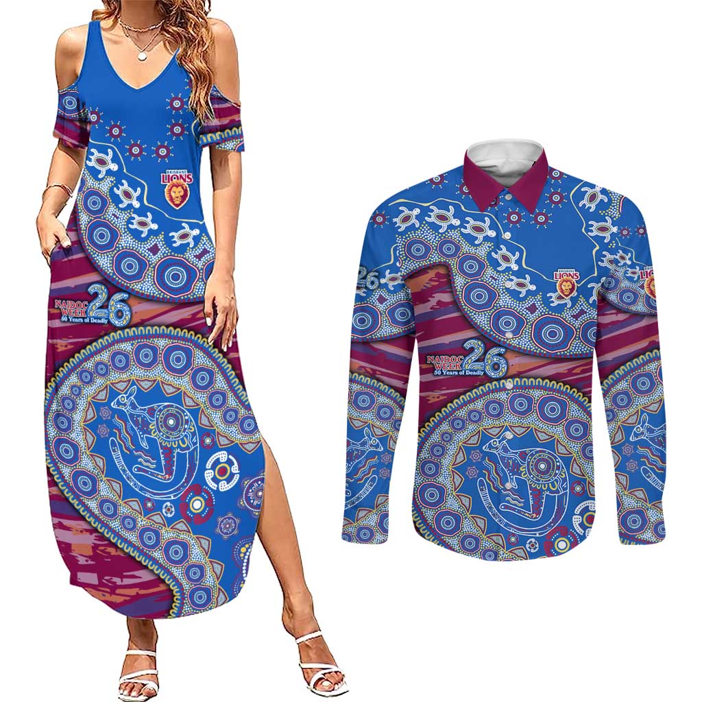 Brisbane Lions NAIDOC Week 2026 Couples Matching Summer Maxi Dress and Long Sleeve Button Shirt Australian Aboriginal Dot Art Dreamtime Pattern Style
