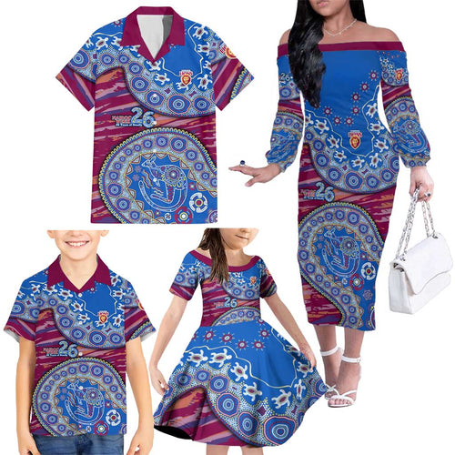Brisbane Lions NAIDOC Week 2026 Family Matching Off The Shoulder Long Sleeve Dress and Hawaiian Shirt Australian Aboriginal Dot Art Dreamtime Pattern Style