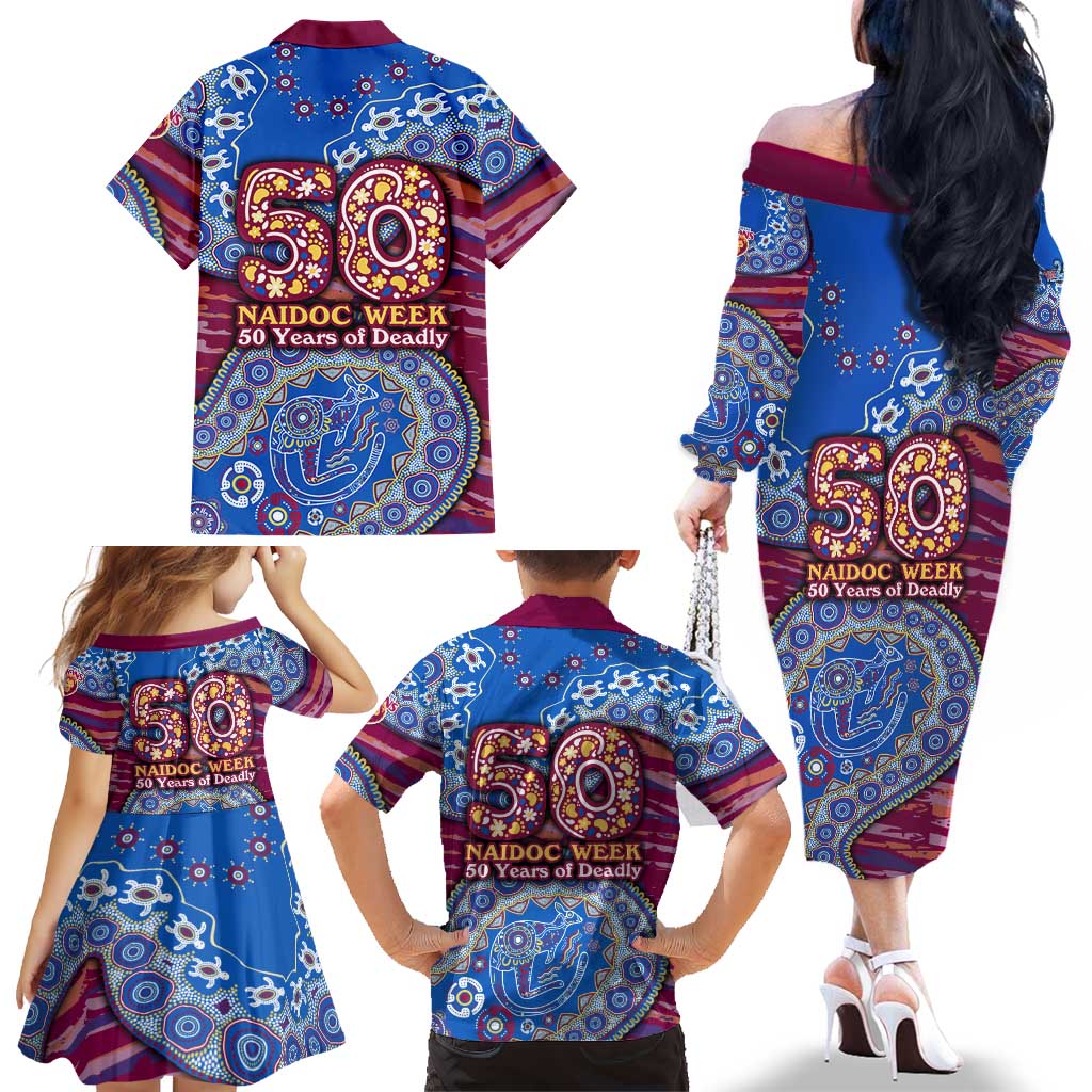 Brisbane Lions NAIDOC Week 2026 Family Matching Off The Shoulder Long Sleeve Dress and Hawaiian Shirt Australian Aboriginal Dot Art Dreamtime Pattern Style