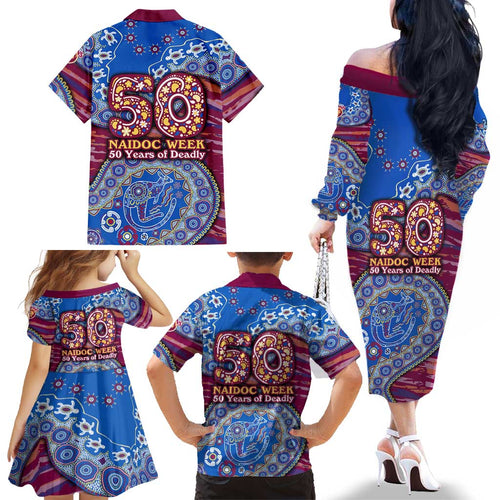 Brisbane Lions NAIDOC Week 2026 Family Matching Off The Shoulder Long Sleeve Dress and Hawaiian Shirt Australian Aboriginal Dot Art Dreamtime Pattern Style