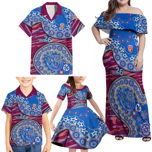 Brisbane Lions NAIDOC Week 2026 Family Matching Off Shoulder Maxi Dress and Hawaiian Shirt Australian Aboriginal Dot Art Dreamtime Pattern Style