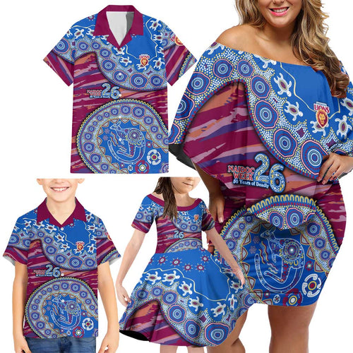 Brisbane Lions NAIDOC Week 2026 Family Matching Off Shoulder Short Dress and Hawaiian Shirt Australian Aboriginal Dot Art Dreamtime Pattern Style