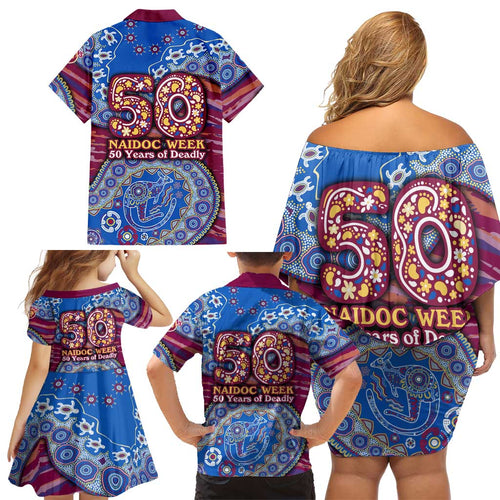 Brisbane Lions NAIDOC Week 2026 Family Matching Off Shoulder Short Dress and Hawaiian Shirt Australian Aboriginal Dot Art Dreamtime Pattern Style