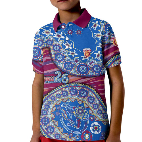 Brisbane Lions NAIDOC Week 2026 Kid Polo Shirt Australian Aboriginal Dot Art Dreamtime Pattern Style