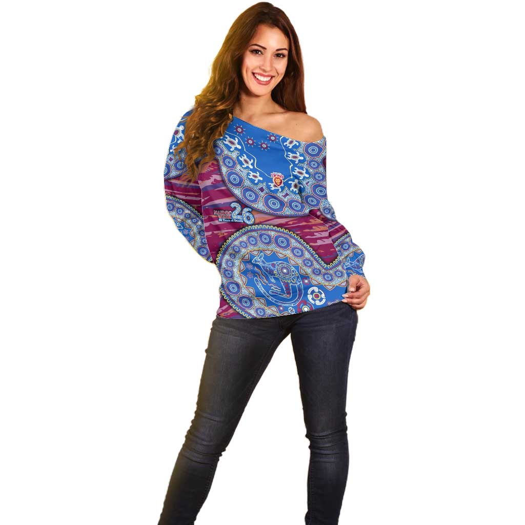 Brisbane Lions NAIDOC Week 2026 Off Shoulder Sweater Australian Aboriginal Dot Art Dreamtime Pattern Style