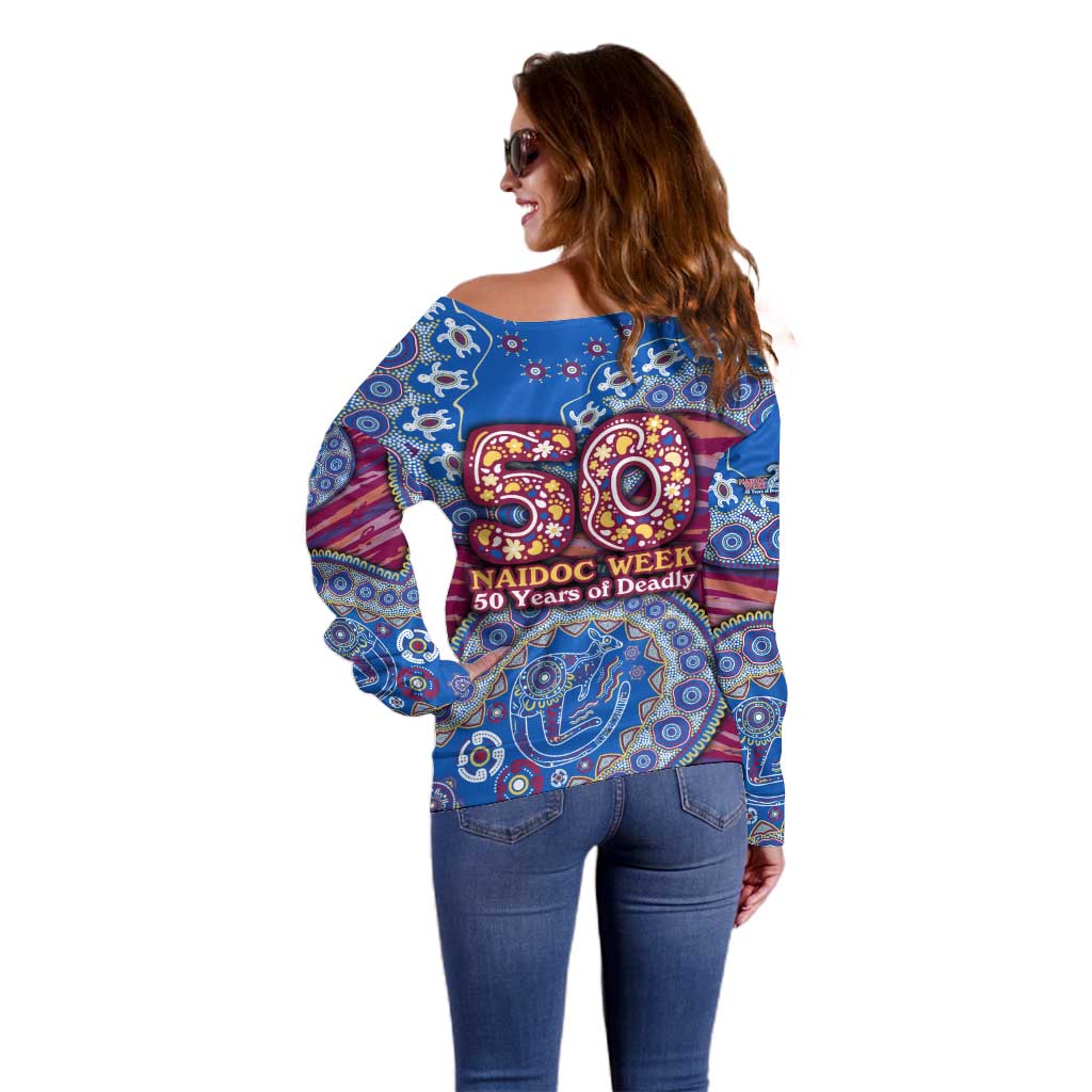 Brisbane Lions NAIDOC Week 2026 Off Shoulder Sweater Australian Aboriginal Dot Art Dreamtime Pattern Style