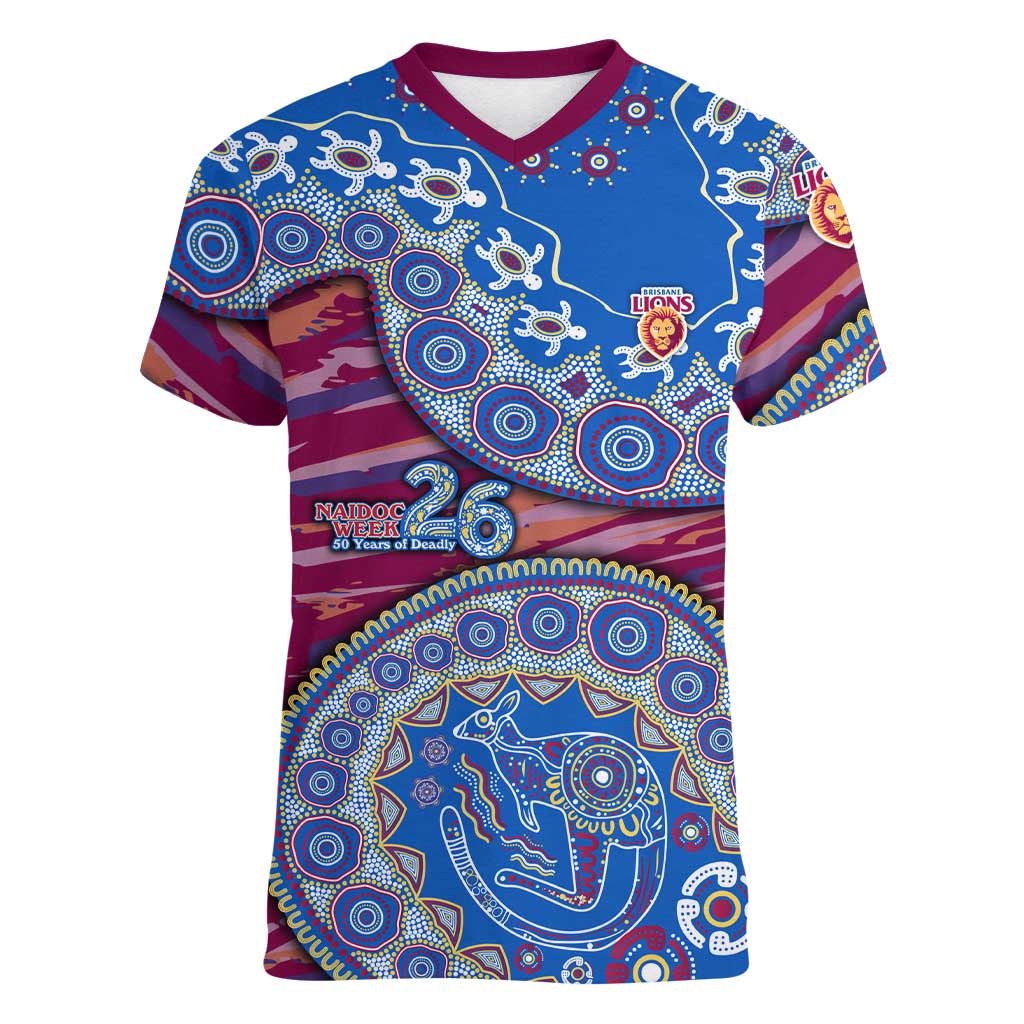 Brisbane Lions NAIDOC Week 2026 Women V-Neck T-Shirt Australian Aboriginal Dot Art Dreamtime Pattern Style