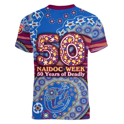 Brisbane Lions NAIDOC Week 2026 Women V-Neck T-Shirt Australian Aboriginal Dot Art Dreamtime Pattern Style