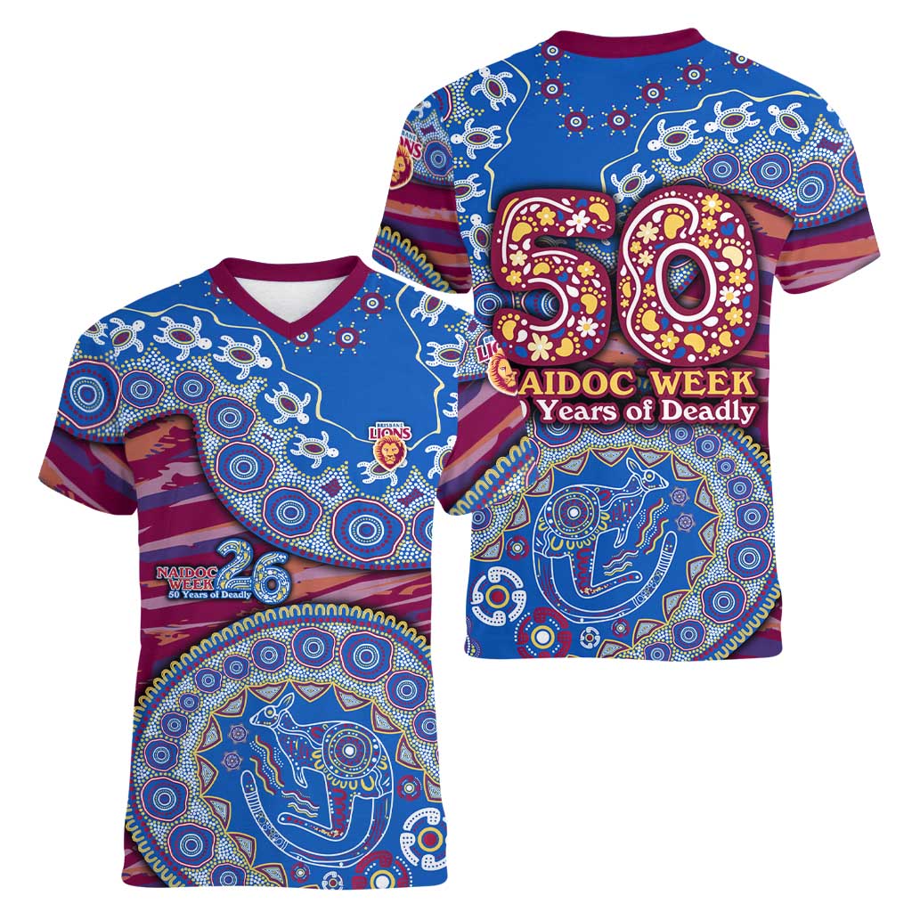 Brisbane Lions NAIDOC Week 2026 Women V-Neck T-Shirt Australian Aboriginal Dot Art Dreamtime Pattern Style