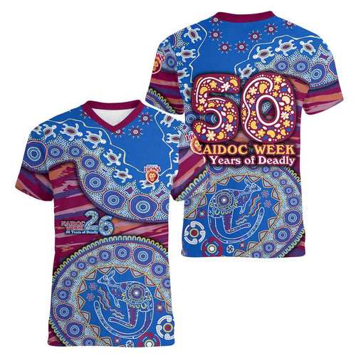 Brisbane Lions NAIDOC Week 2026 Women V-Neck T-Shirt Australian Aboriginal Dot Art Dreamtime Pattern Style