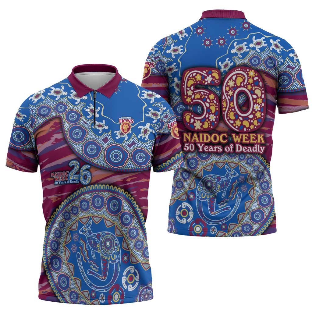 Brisbane Lions NAIDOC Week 2026 Zipper Polo Shirt Australian Aboriginal Dot Art Dreamtime Pattern Style