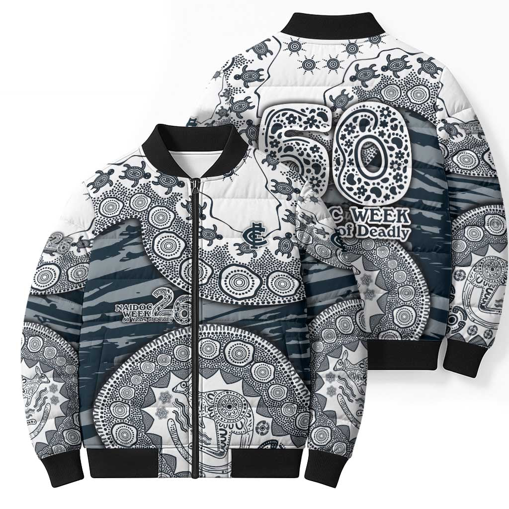 Carlton Blues NAIDOC Week 2026 Bomber Puffer Jacket Australian Aboriginal Dot Art Dreamtime Pattern Style
