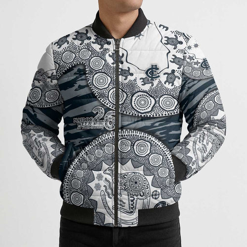 Carlton Blues NAIDOC Week 2026 Bomber Puffer Jacket Australian Aboriginal Dot Art Dreamtime Pattern Style
