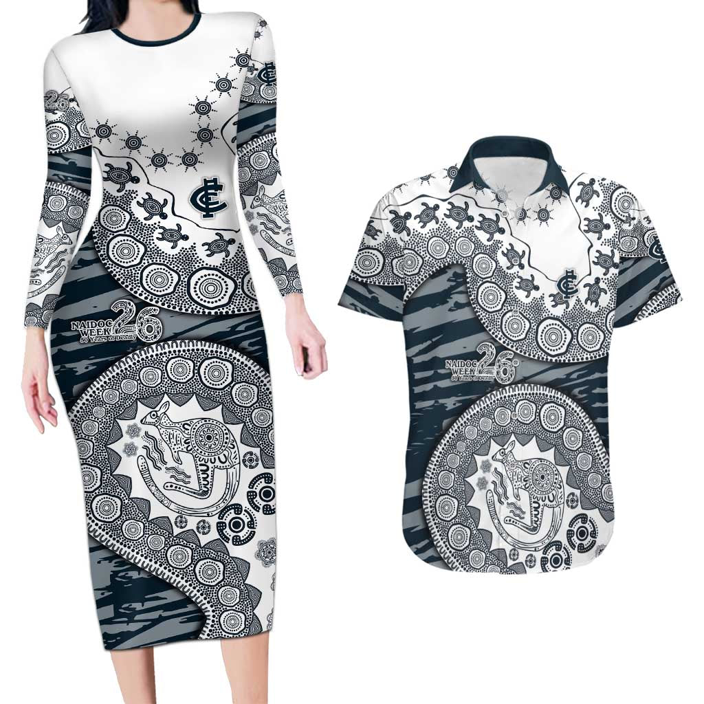 Carlton Blues NAIDOC Week 2026 Couples Matching Long Sleeve Bodycon Dress and Hawaiian Shirt Australian Aboriginal Dot Art Dreamtime Pattern Style