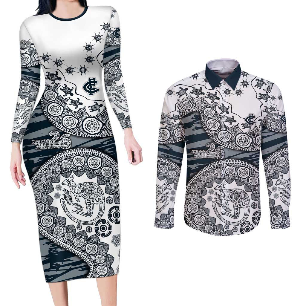 Carlton Blues NAIDOC Week 2026 Couples Matching Long Sleeve Bodycon Dress and Long Sleeve Button Shirt Australian Aboriginal Dot Art Dreamtime Pattern Style