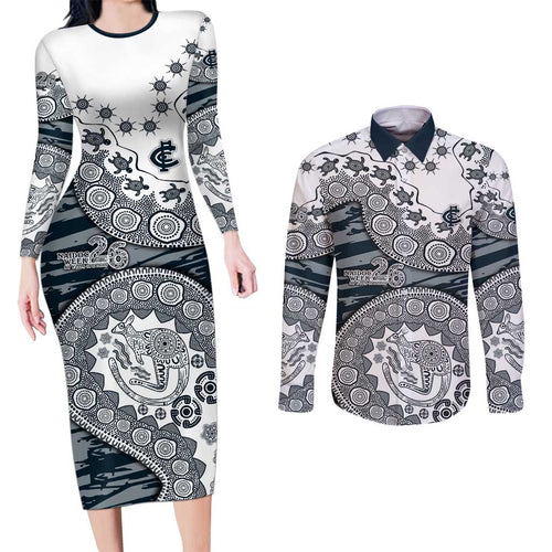 Carlton Blues NAIDOC Week 2026 Couples Matching Long Sleeve Bodycon Dress and Long Sleeve Button Shirt Australian Aboriginal Dot Art Dreamtime Pattern Style
