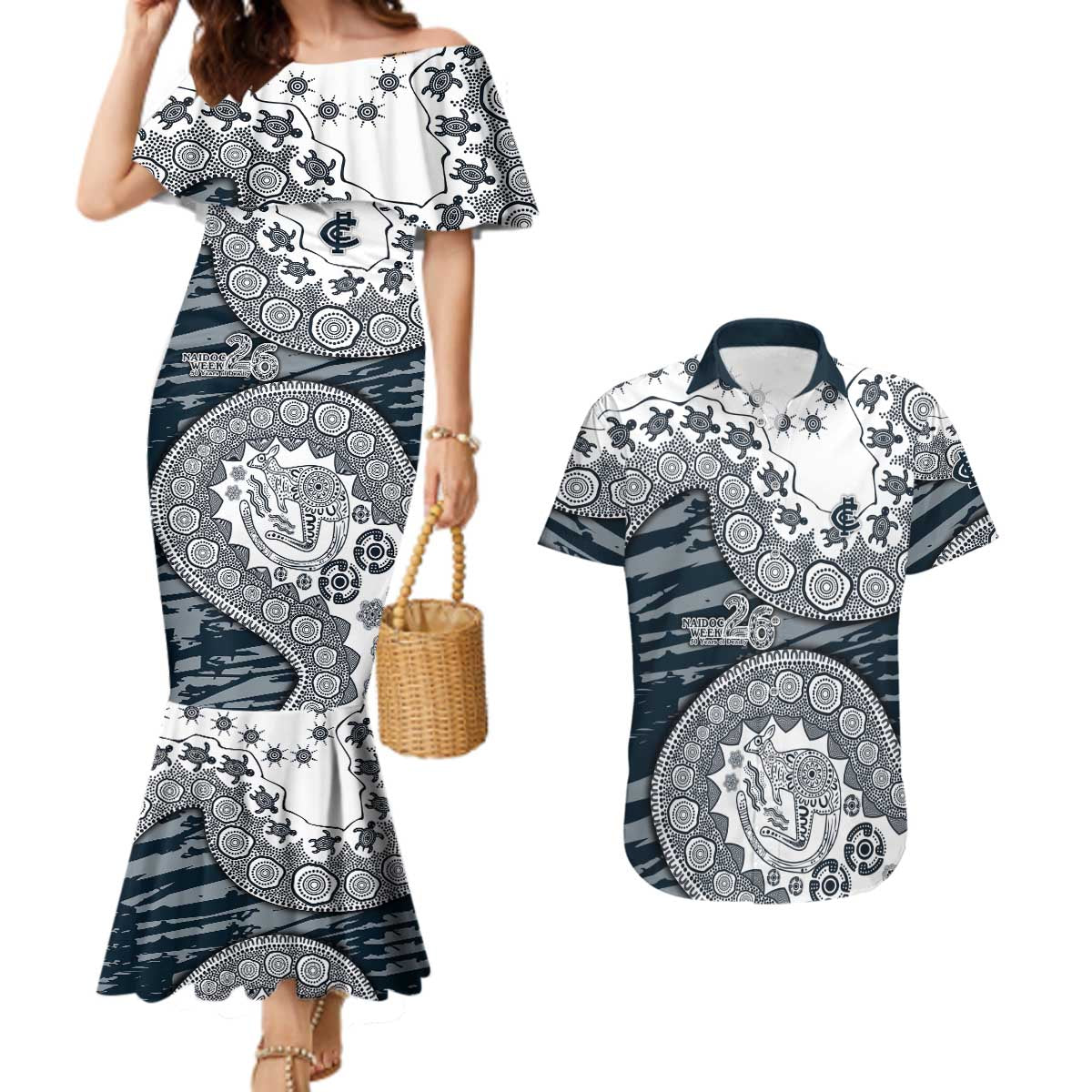 Carlton Blues NAIDOC Week 2026 Couples Matching Mermaid Dress and Hawaiian Shirt Australian Aboriginal Dot Art Dreamtime Pattern Style