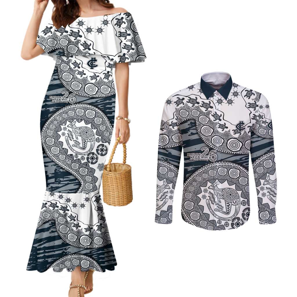 Carlton Blues NAIDOC Week 2026 Couples Matching Mermaid Dress and Long Sleeve Button Shirt Australian Aboriginal Dot Art Dreamtime Pattern Style