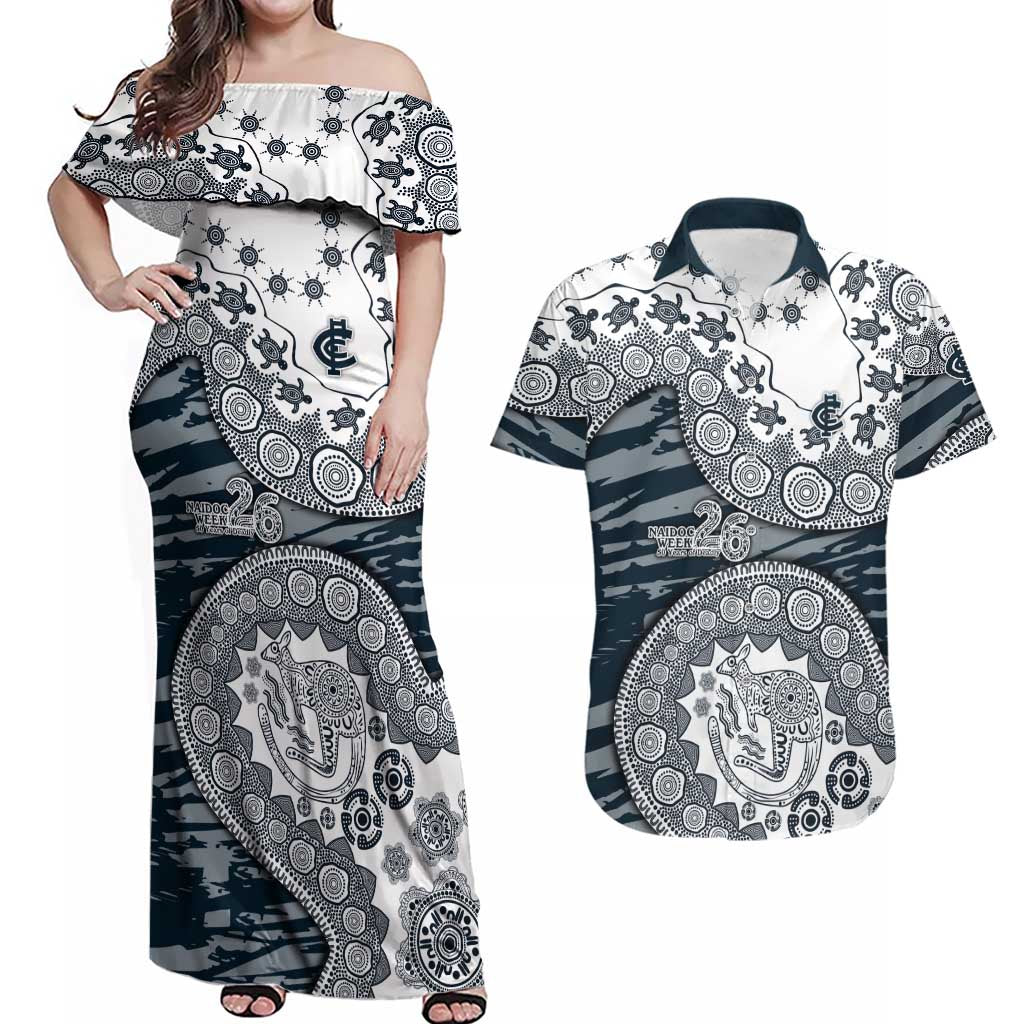 Carlton Blues NAIDOC Week 2026 Couples Matching Off Shoulder Maxi Dress and Hawaiian Shirt Australian Aboriginal Dot Art Dreamtime Pattern Style