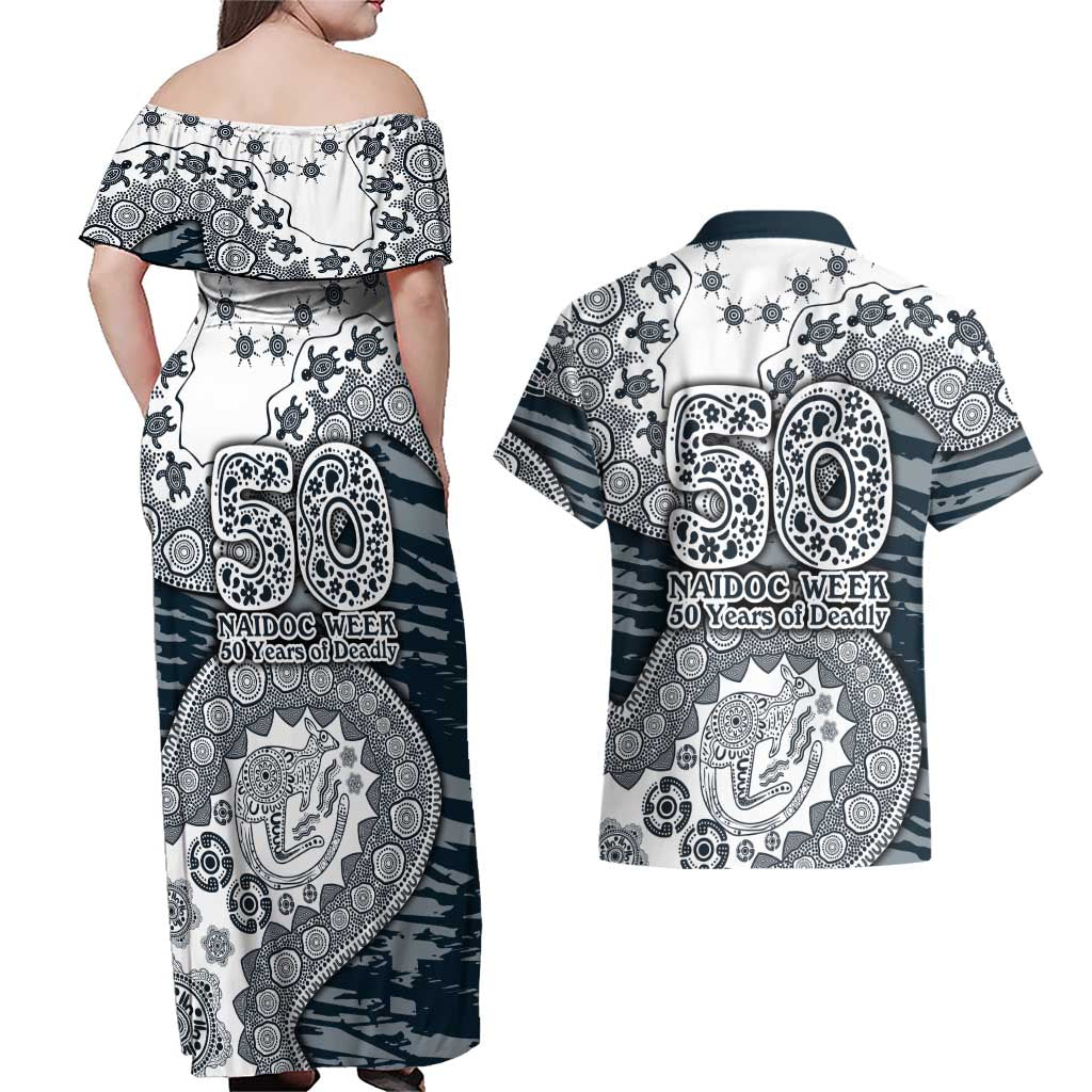 Carlton Blues NAIDOC Week 2026 Couples Matching Off Shoulder Maxi Dress and Hawaiian Shirt Australian Aboriginal Dot Art Dreamtime Pattern Style