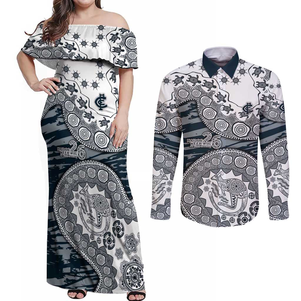 Carlton Blues NAIDOC Week 2026 Couples Matching Off Shoulder Maxi Dress and Long Sleeve Button Shirt Australian Aboriginal Dot Art Dreamtime Pattern Style