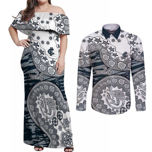 Carlton Blues NAIDOC Week 2026 Couples Matching Off Shoulder Maxi Dress and Long Sleeve Button Shirt Australian Aboriginal Dot Art Dreamtime Pattern Style