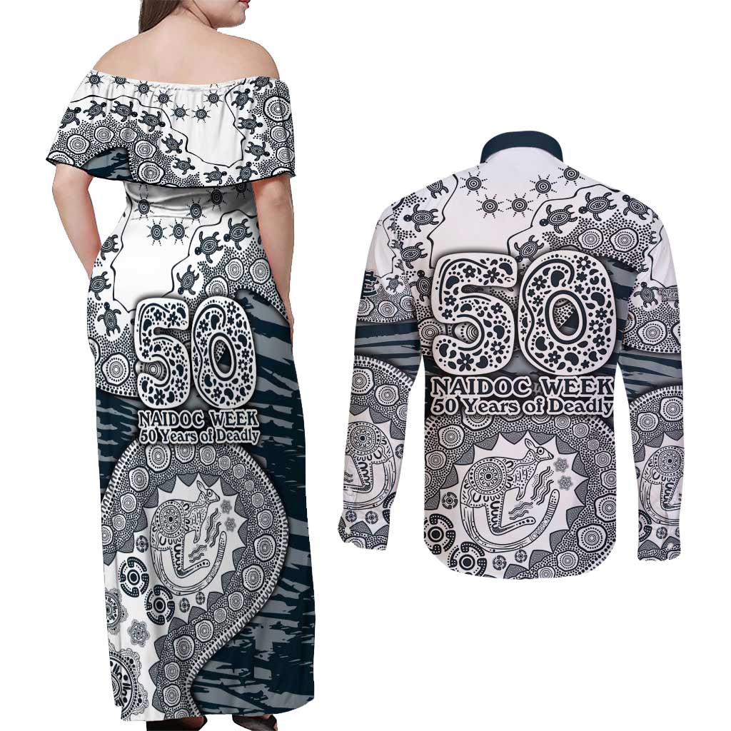 Carlton Blues NAIDOC Week 2026 Couples Matching Off Shoulder Maxi Dress and Long Sleeve Button Shirt Australian Aboriginal Dot Art Dreamtime Pattern Style