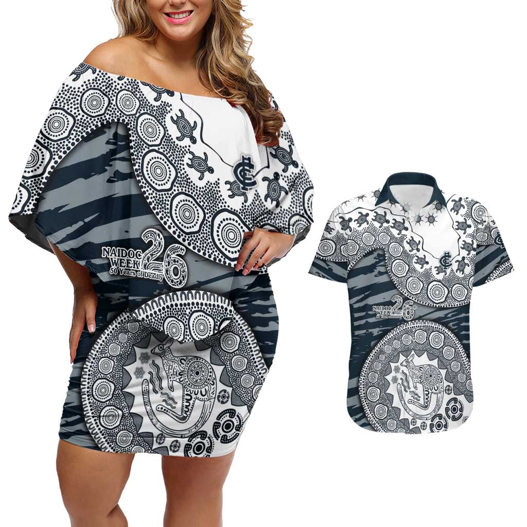 Carlton Blues NAIDOC Week 2026 Couples Matching Off Shoulder Short Dress and Hawaiian Shirt Australian Aboriginal Dot Art Dreamtime Pattern Style
