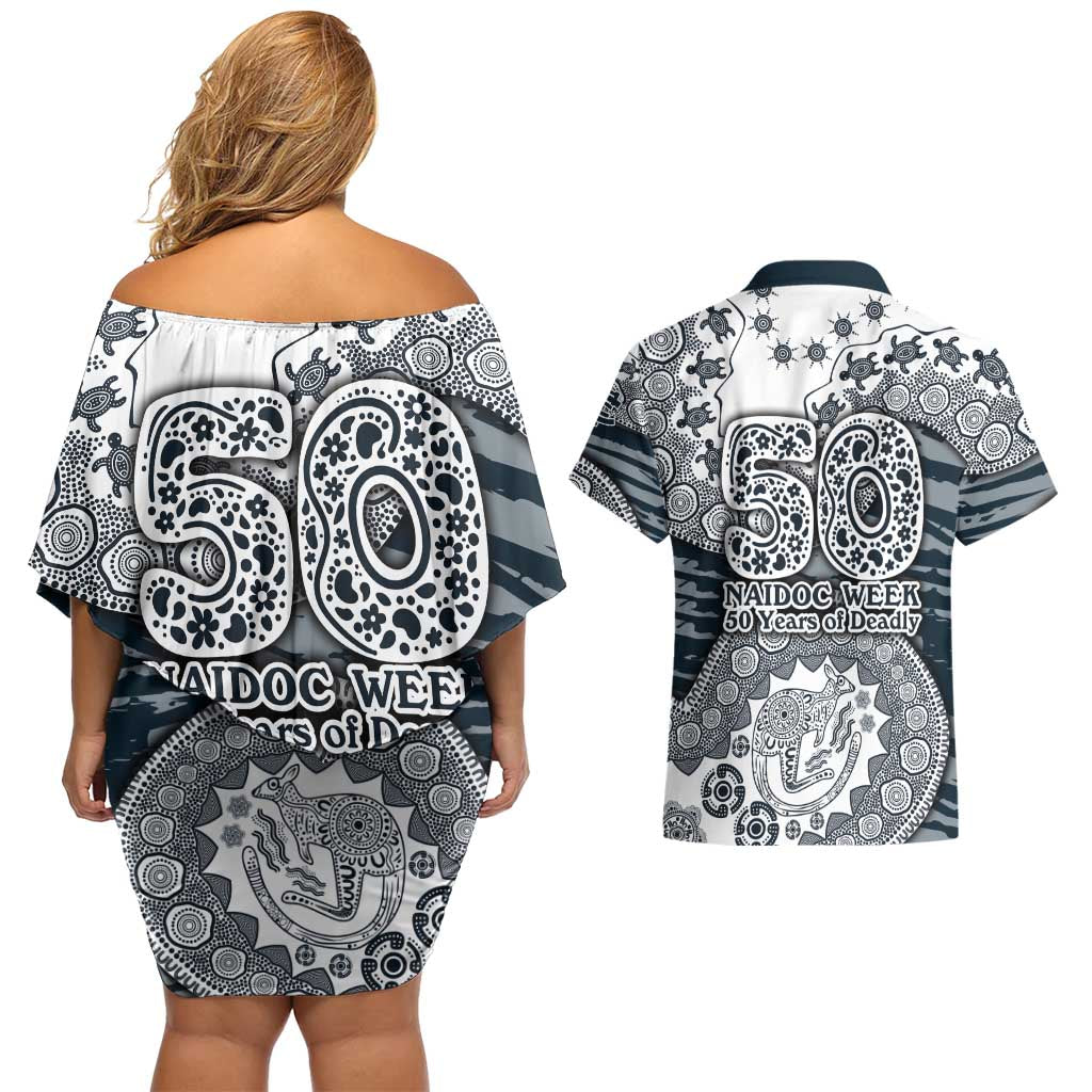 Carlton Blues NAIDOC Week 2026 Couples Matching Off Shoulder Short Dress and Hawaiian Shirt Australian Aboriginal Dot Art Dreamtime Pattern Style
